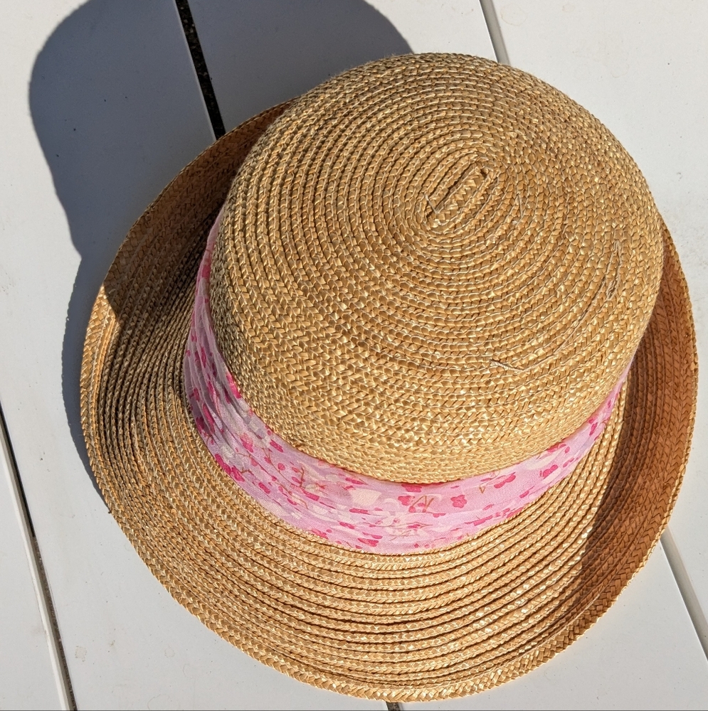 Pink BETMAR NEW YORK STRAW HAT Chiffon Scarf Band Woven Fedora Women